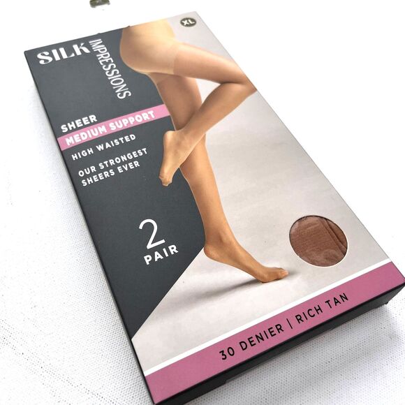 NEW SILK Impressions Rich Tan Sheer Medium Support Pantyhose XL 30 Denier 2pr - Picture 4 of 4